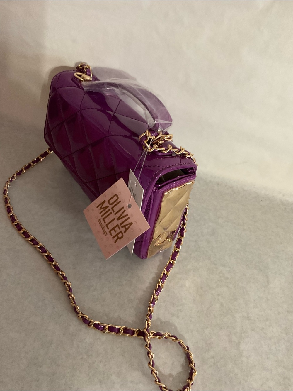 Olivia Miller Glossy Violet Quilted Crossbody with Gold Chain - Picture 2 of 6